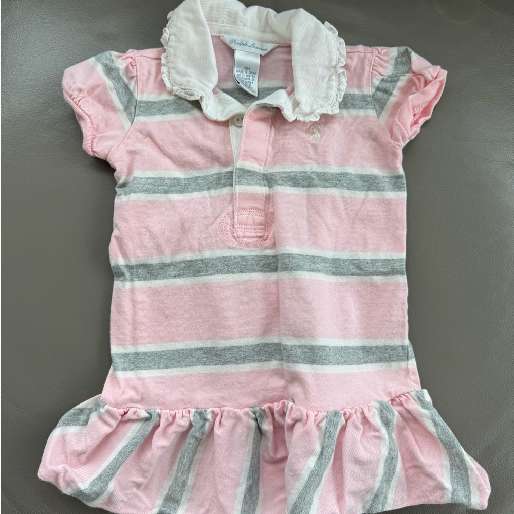 Ralph Lauren Vintage Pink & Grey Striped Short Sleeve Polo Dress Cotton 12months